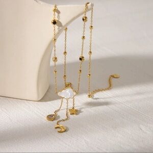 18K Gold Bohemian Seashell Cloud Celestial Theme Crystal Accent Beaded Chain